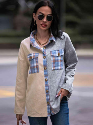 Effortless Comfort Plaid Color Block Shacket - MXSTUDIO.COM