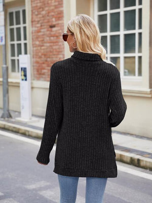 Effortlessly Cool Slit Knit Turtleneck Sweater-MXSTUDIO.COM