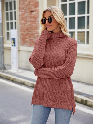Effortlessly Cool Slit Knit Turtleneck Sweater-MXSTUDIO.COM