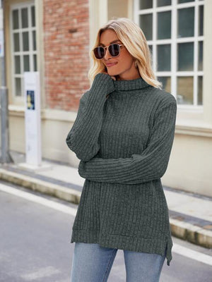 Effortlessly Cool Slit Knit Turtleneck Sweater-MXSTUDIO.COM