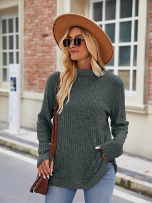 Effortlessly Cool Slit Knit Turtleneck Sweater-MXSTUDIO.COM