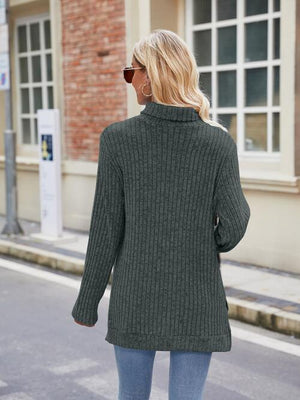 Effortlessly Cool Slit Knit Turtleneck Sweater-MXSTUDIO.COM