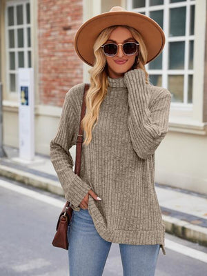 Effortlessly Cool Slit Knit Turtleneck Sweater-MXSTUDIO.COM