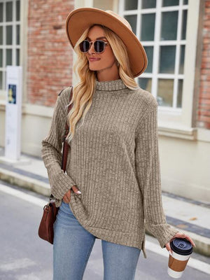 Effortlessly Cool Slit Knit Turtleneck Sweater-MXSTUDIO.COM