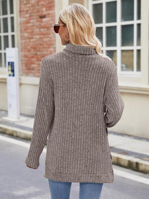 Effortlessly Cool Slit Knit Turtleneck Sweater-MXSTUDIO.COM