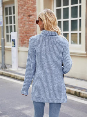 Effortlessly Cool Slit Knit Turtleneck Sweater-MXSTUDIO.COM