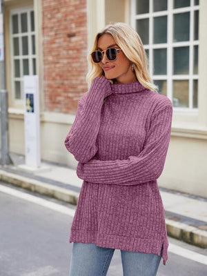 Effortlessly Cool Slit Knit Turtleneck Sweater-MXSTUDIO.COM