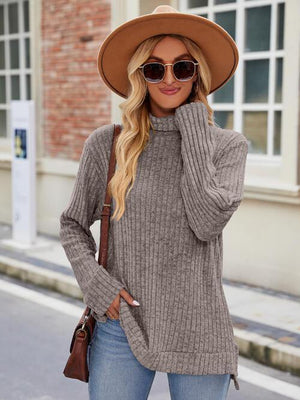 Effortlessly Cool Slit Knit Turtleneck Sweater-MXSTUDIO.COM