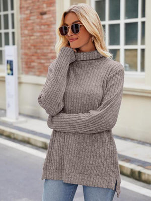 Effortlessly Cool Slit Knit Turtleneck Sweater-MXSTUDIO.COM