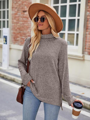 Effortlessly Cool Slit Knit Turtleneck Sweater-MXSTUDIO.COM