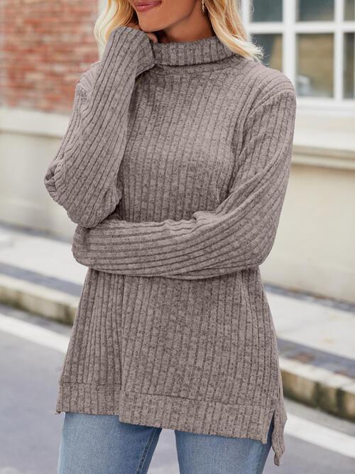Effortlessly Cool Slit Knit Turtleneck Sweater-MXSTUDIO.COM