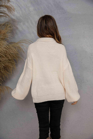 Elegantly Cozy Lantern Sleeve Half Zip Sweater - MXSTUDIO.COM