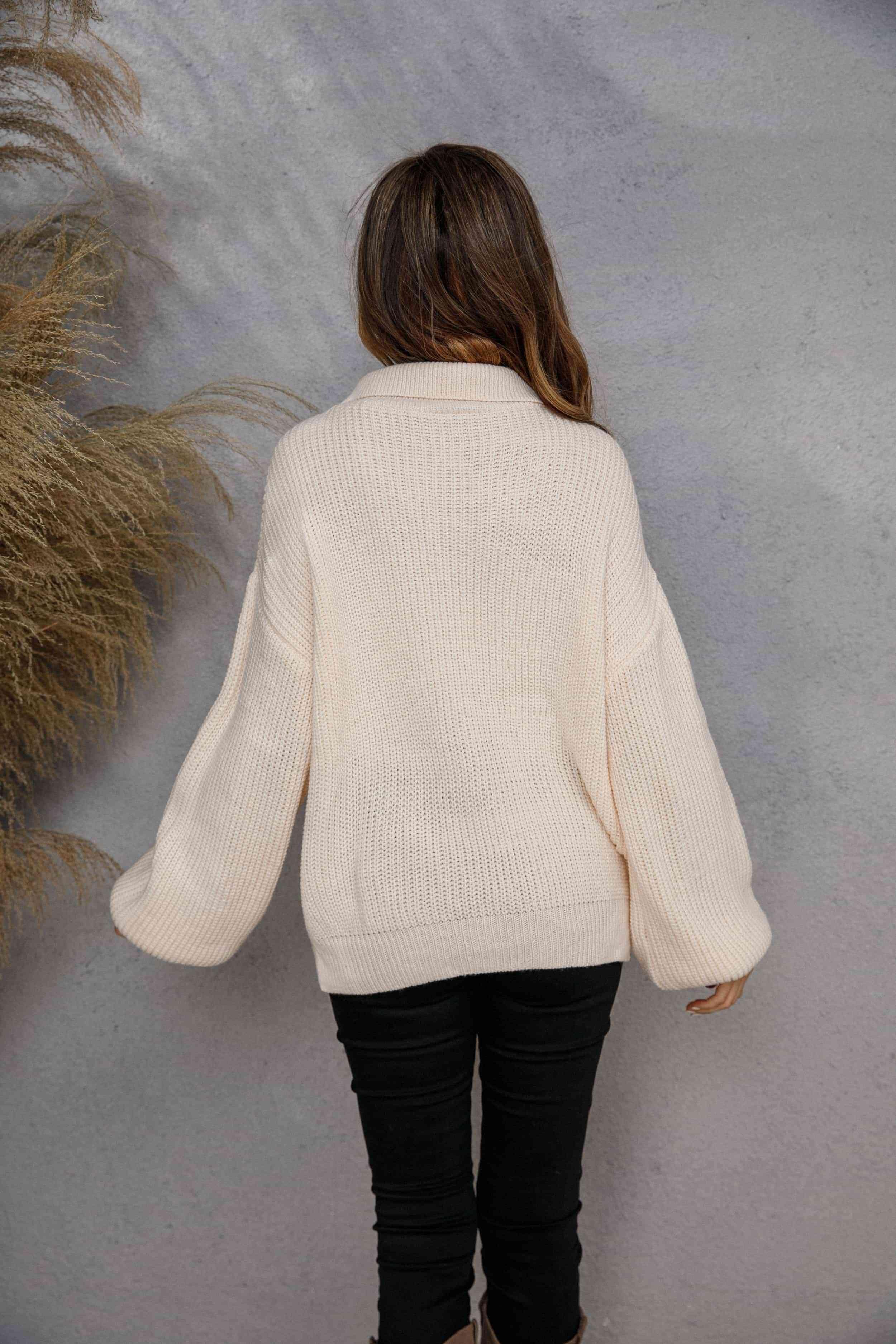 Elegantly Cozy Lantern Sleeve Half Zip Sweater - MXSTUDIO.COM