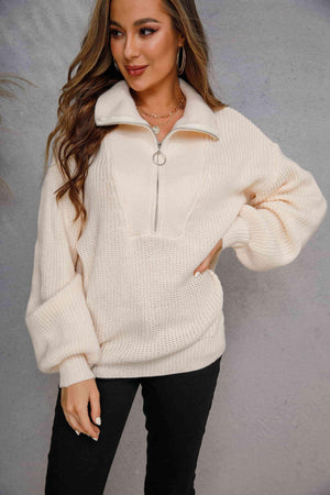 Elegantly Cozy Lantern Sleeve Half Zip Sweater - MXSTUDIO.COM
