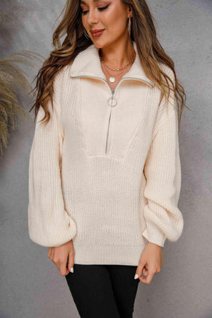Elegantly Cozy Lantern Sleeve Half Zip Sweater - MXSTUDIO.COM