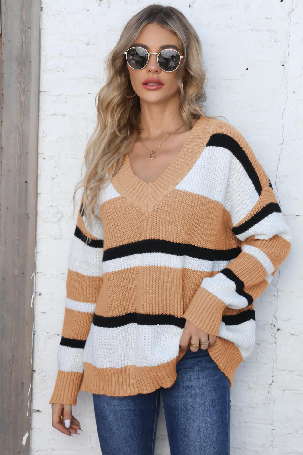 Endearing Warmth Ribbed Women Color Block Sweater - MXSTUDIO.COM