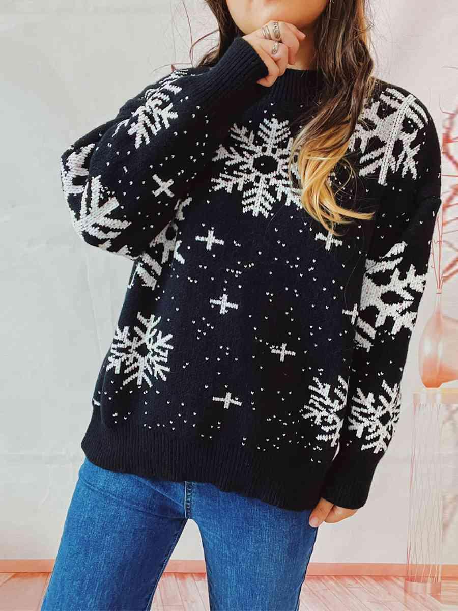 Endless Joy Dropped Shoulder Snowflake Sweater-MXSTUDIO.COM