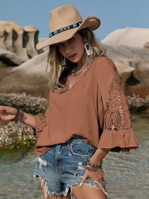 Enjoy Life V Neck Flounce Sleeve Top - MXSTUDIO.COM