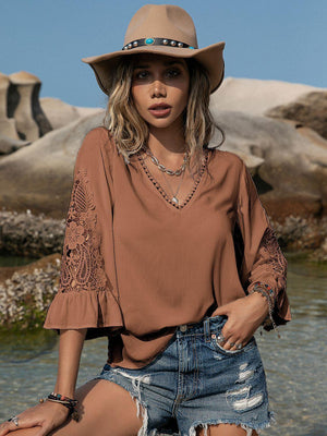 Enjoy Life V Neck Flounce Sleeve Top - MXSTUDIO.COM