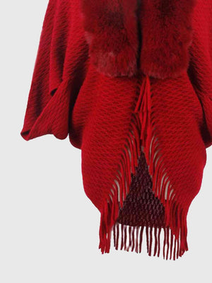 Epic Winter Fringe Hem Faux Fur Trim Poncho - MXSTUDIO.COM