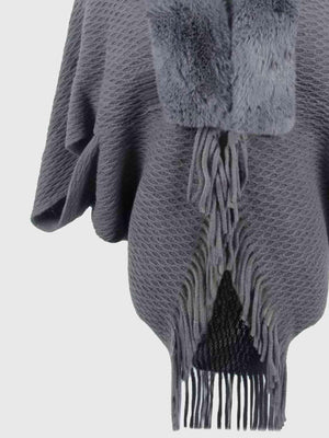 Epic Winter Fringe Hem Faux Fur Trim Poncho - MXSTUDIO.COM