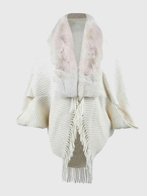 Epic Winter Fringe Hem Faux Fur Trim Poncho - MXSTUDIO.COM