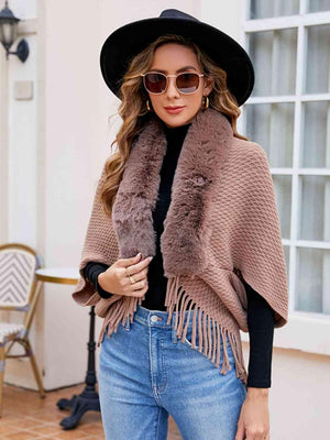 Epic Winter Fringe Hem Faux Fur Trim Poncho - MXSTUDIO.COM
