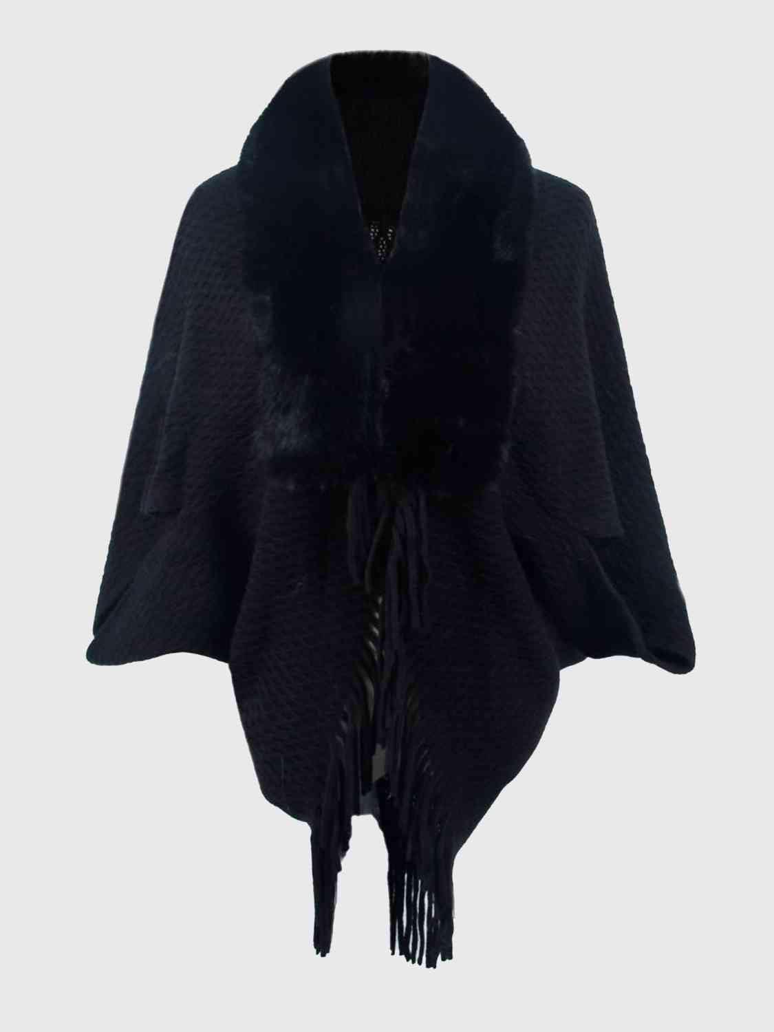 Epic Winter Fringe Hem Faux Fur Trim Poncho - MXSTUDIO.COM