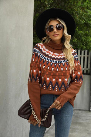 Ethnic Appeal Turtleneck Geometric Pattern Sweater - MXSTUDIO.COM