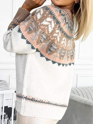 Ethnic Snug Knit Crew Neck Geometric Sweater-MXSTUDIO.COM