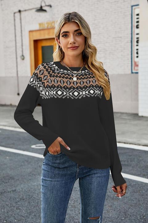 Ethnic Warmth Crew Neck Raglan Sleeve Sweater - MXSTUDIO.COM