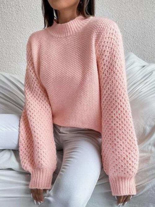 Excellent Warmth Mock Neck Lantern Sleeve Sweater-MXSTUDIO.COM
