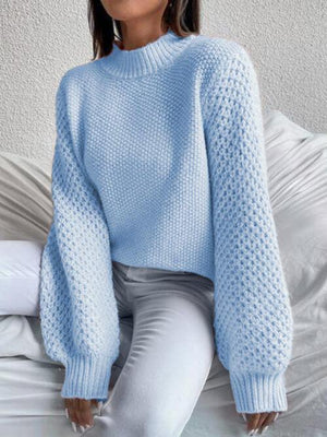 Excellent Warmth Mock Neck Lantern Sleeve Sweater-MXSTUDIO.COM