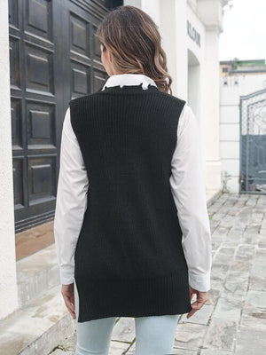 Exceptional Layer Frayed Hem Slit Black Sweater Vest-MXSTUDIO.COM