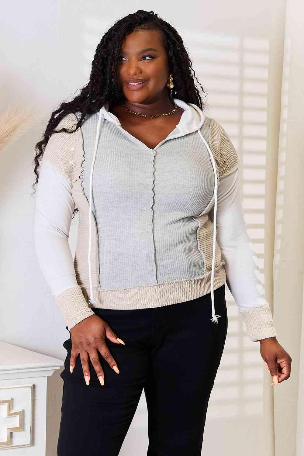 Exposed Seam Drawstring Color Block Hoodie-MXSTUDIO.COM