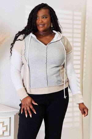 Exposed Seam Drawstring Color Block Hoodie-MXSTUDIO.COM