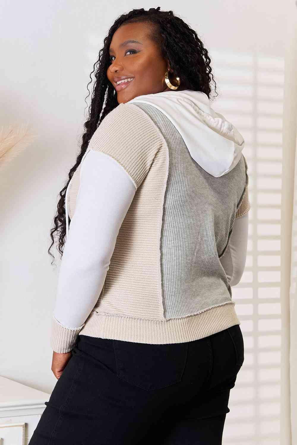 Exposed Seam Drawstring Color Block Hoodie-MXSTUDIO.COM