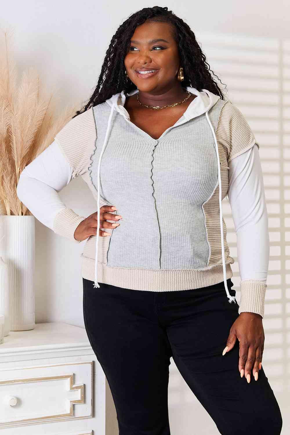 Exposed Seam Drawstring Color Block Hoodie-MXSTUDIO.COM