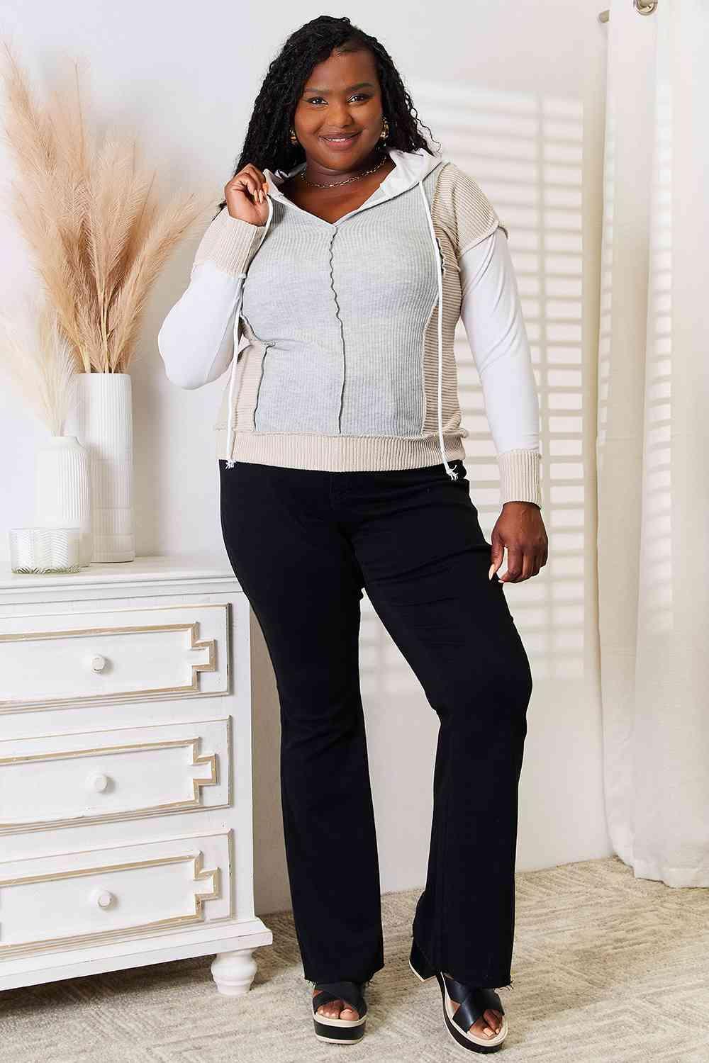 Exposed Seam Drawstring Color Block Hoodie-MXSTUDIO.COM