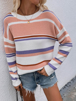 Exquisite Drop Shoulder Striped Pullover Sweater - MXSTUDIO.COM