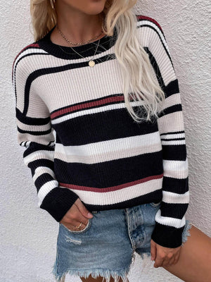 Exquisite Drop Shoulder Striped Pullover Sweater - MXSTUDIO.COM