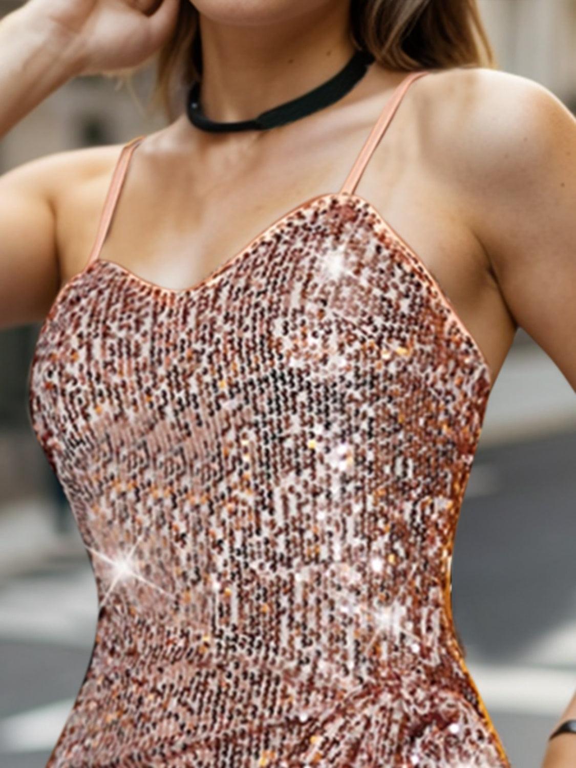 a woman wearing a dress with sequins on it