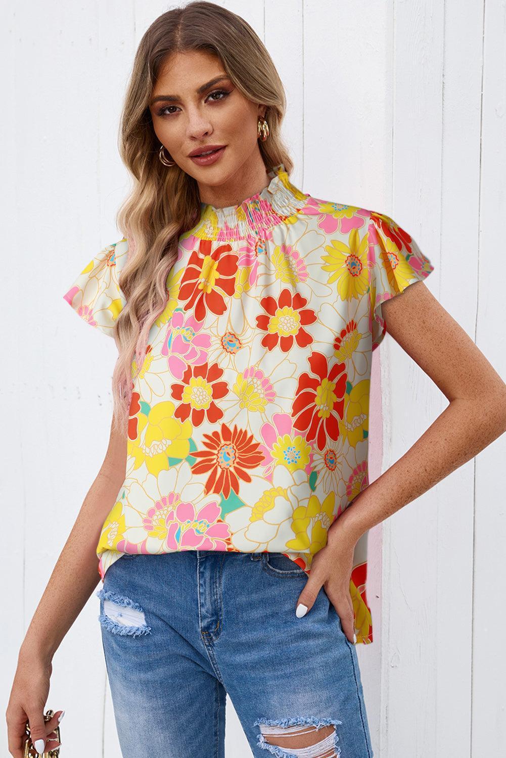Eyes On Me Floral Flutter Sleeve Mock Neck Blouse - MXSTUDIO.COM
