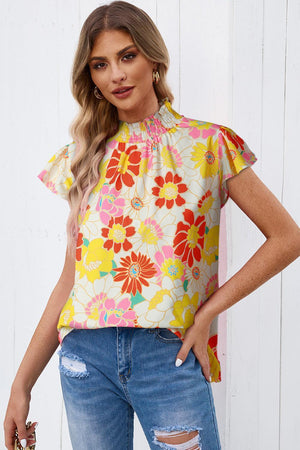 Eyes On Me Floral Flutter Sleeve Mock Neck Blouse - MXSTUDIO.COM