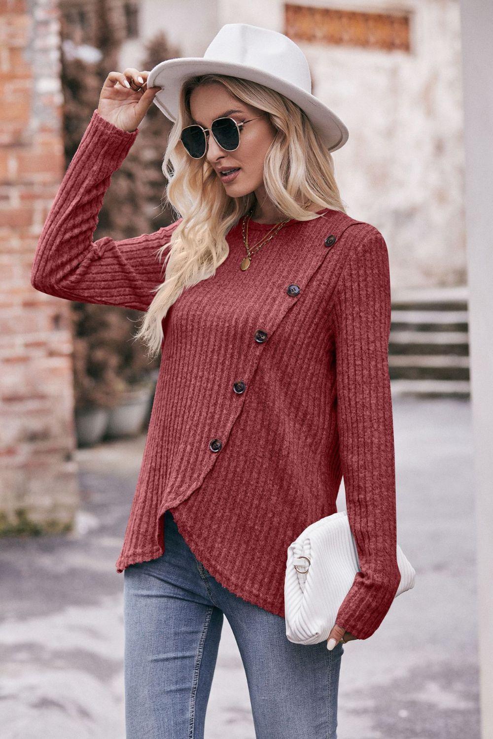 Fall Chick Buttoned Ribbed Long Sleeve Top - MXSTUDIO.COM