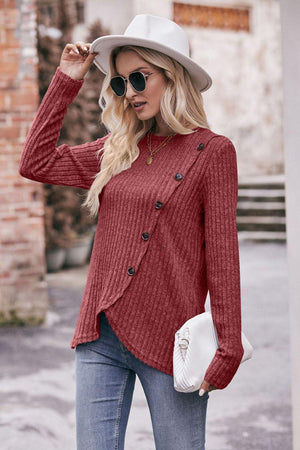 Fall Chick Buttoned Ribbed Long Sleeve Top - MXSTUDIO.COM