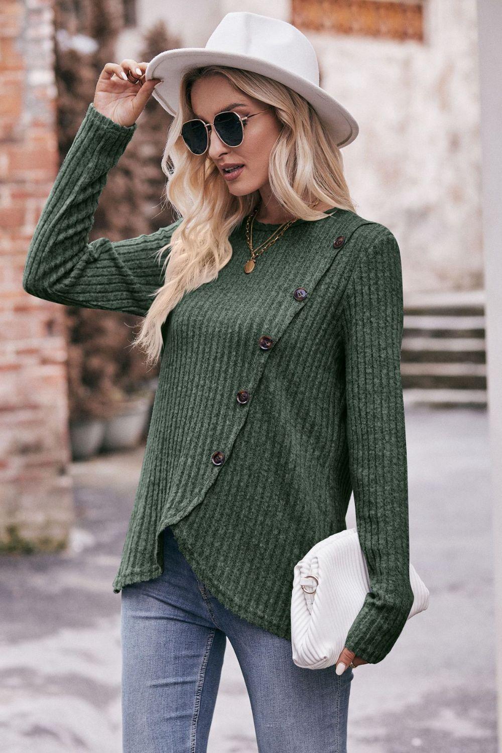 Fall Chick Buttoned Ribbed Long Sleeve Top - MXSTUDIO.COM