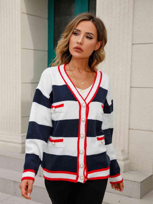 Fall Confidence Button Down Striped Cardigan - MXSTUDIO.COM