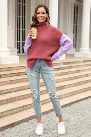 Fall Fashionista Color Block Turtle Neck Sweater - MXSTUDIO.COM