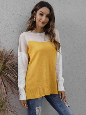 Fall Happiness Drop Shoulder Color Block Sweater - MXSTUDIO.COM